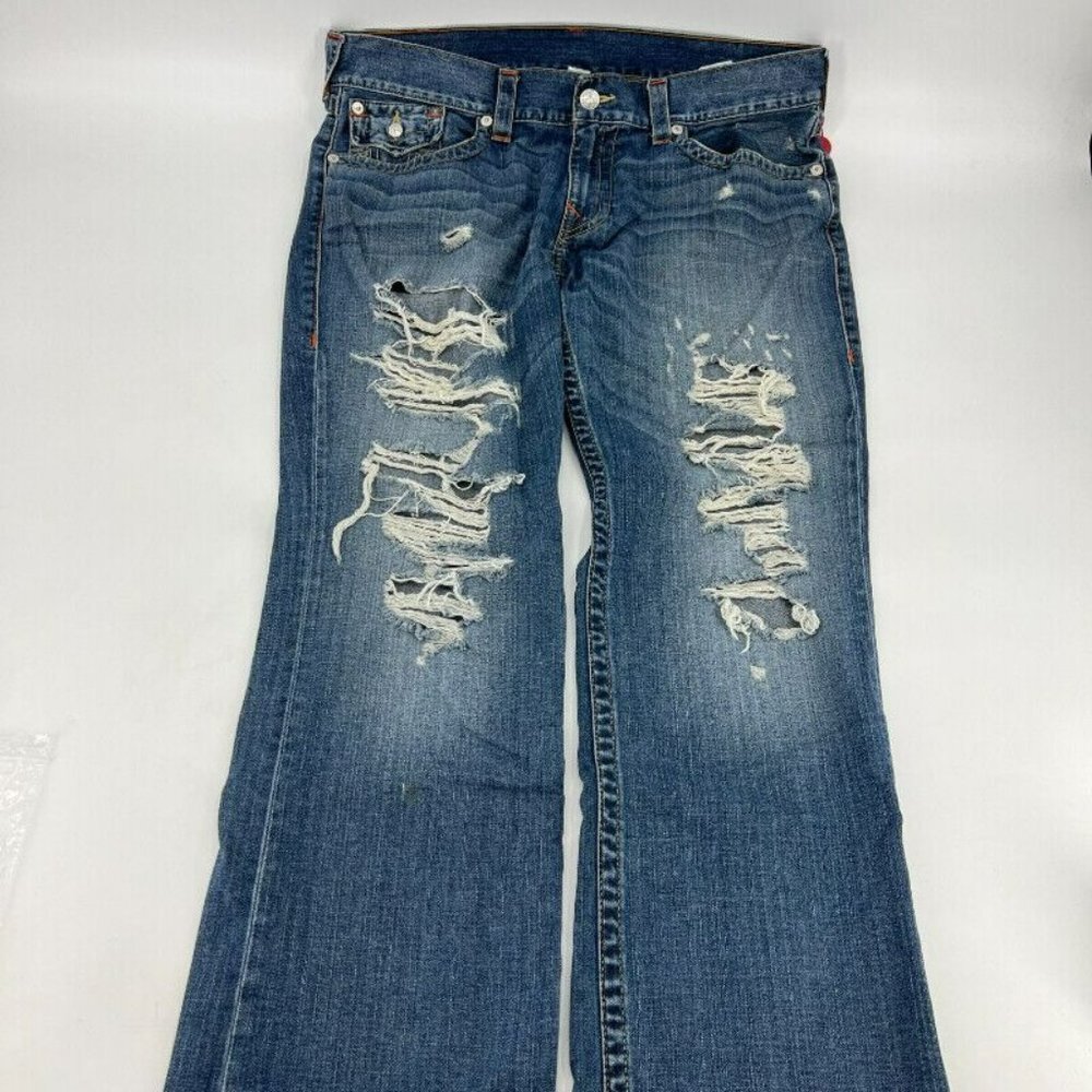 True Religion Medium Wash Distressed Straight Flared Jeans Mens Size 38 - Picture 4 of 9